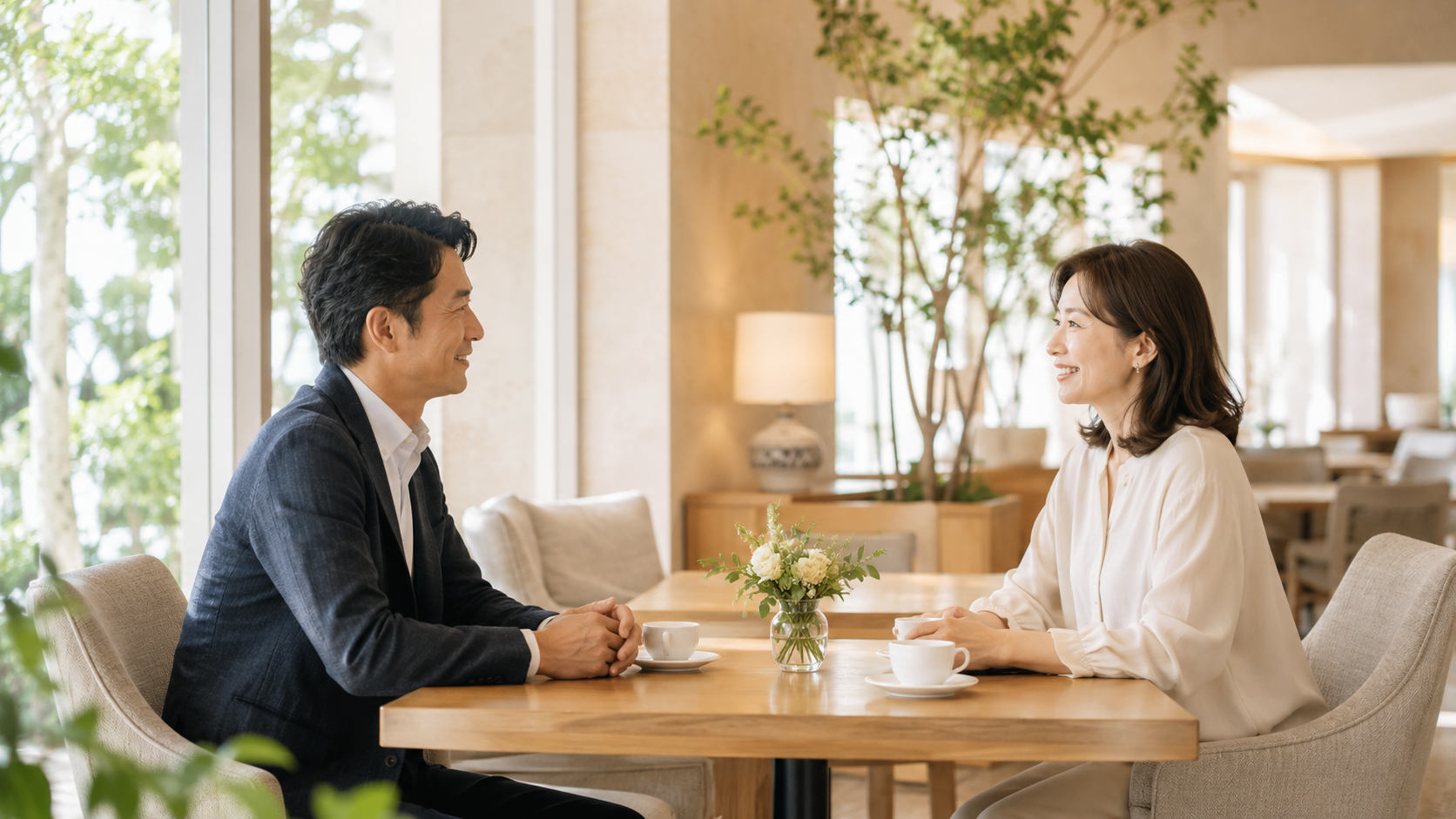 落ち着いたカフェで40代の男女が穏やかに会話しているお見合いのイメージ