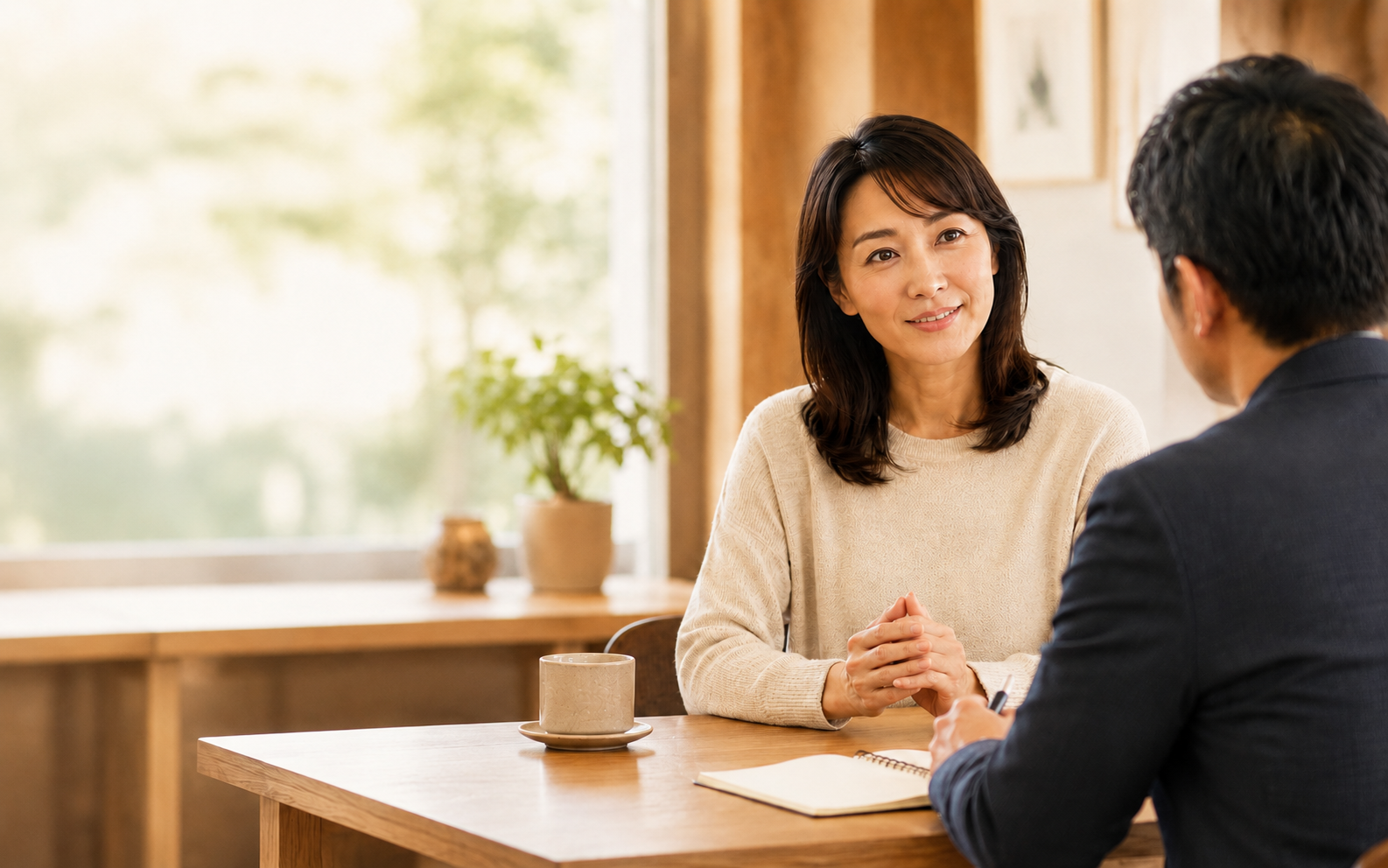 落ち着いたカフェで40代女性が男性相談員に無料相談をしているイメージ